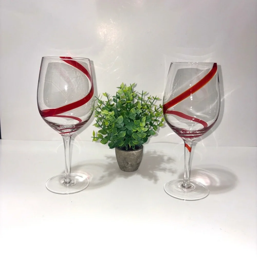 Pier 1 Import Cobalt Red Swirl Line Wine Goblet Glass 20oz Set of 2 Hand Blown